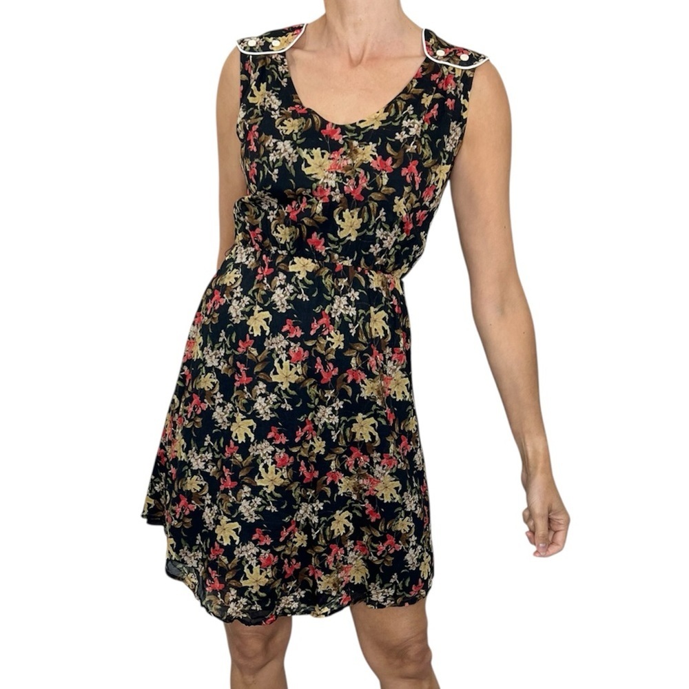 80s style Cokluch Montreal black floral gauzy cotton mini summer dress M